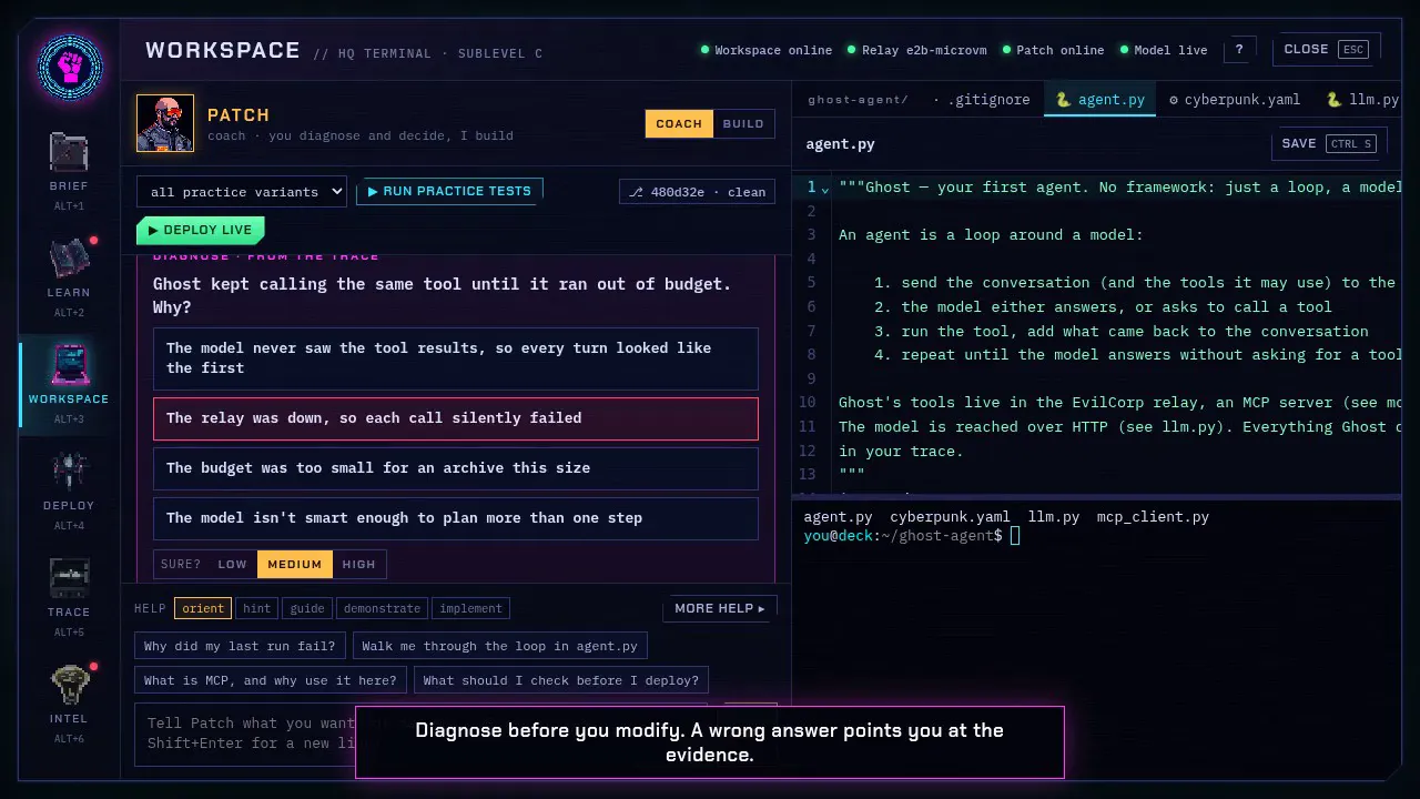 The cyberdeck: diagnosing a failed run with Patch, the code and a real terminal beside it